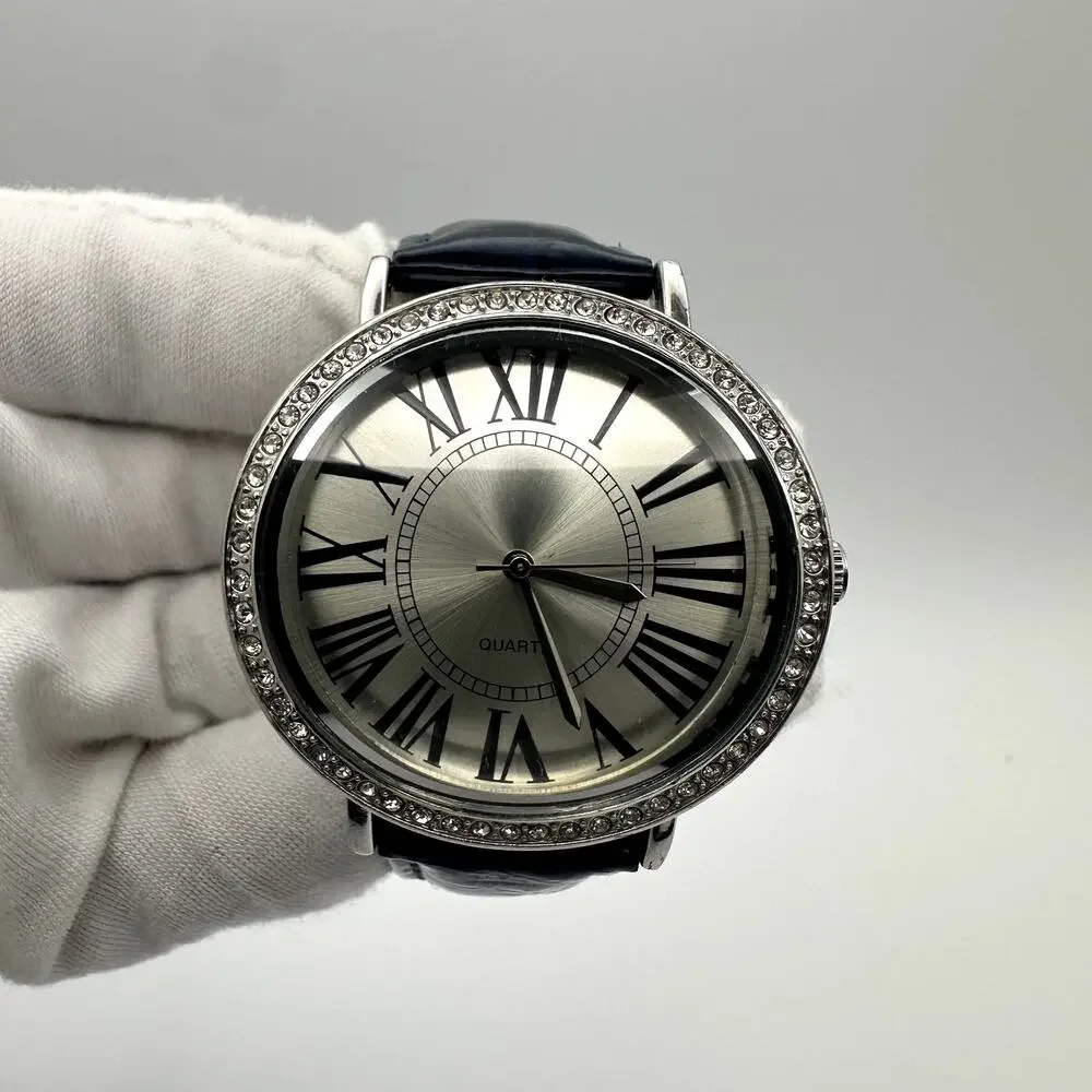 Chico's Quartz Watch Blue Leather Strap Rhinestone Bezel Roman Dial